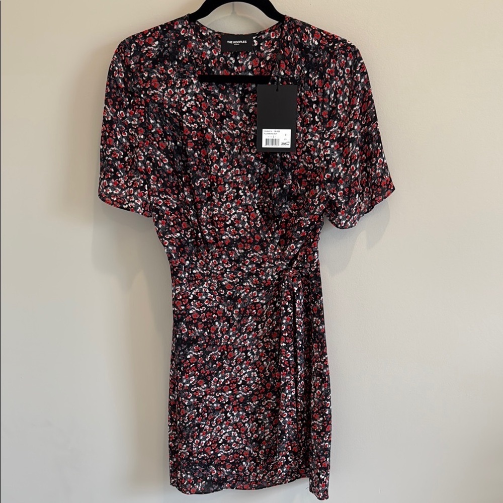 The Kooples Floral Wrap Dress Black Red White Viscose NWT Size 3 Medium Large - Picture 2 of 6